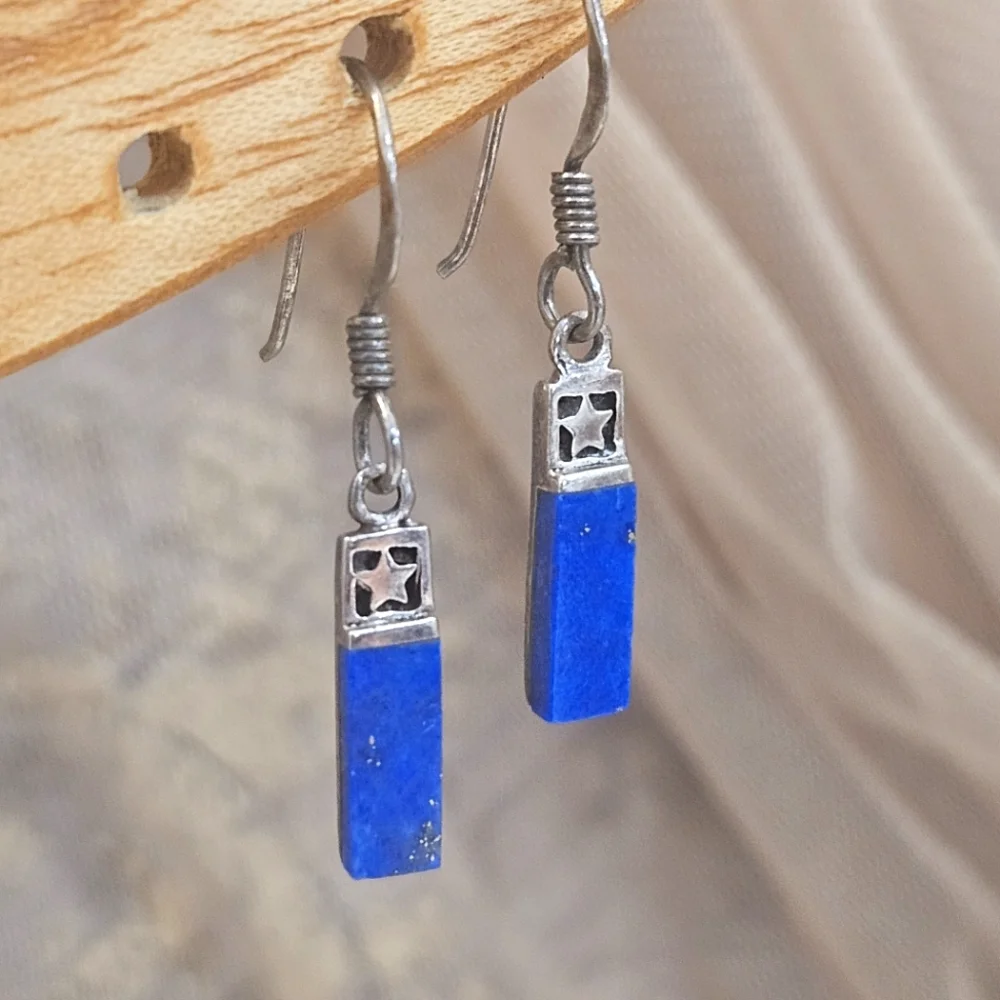 Lapis Lazuli Blue Stone 925 Mexico Delicate Dangle Earrings Sterling Silver